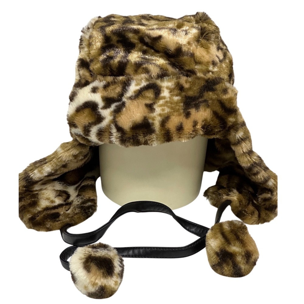 NYL Trapper Hat Leopard Print Faux‎ Fur Ear Flap Pom Pom Winter Cap Womens OSFM